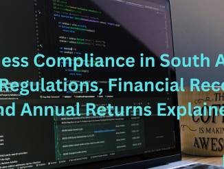 South African entrepreneur reviewing tax documents and financial records for business compliance.