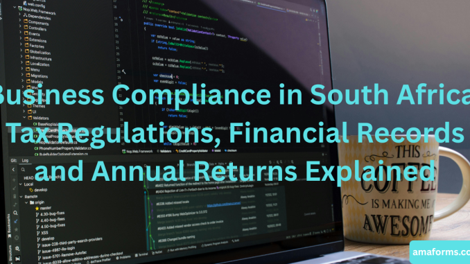 South African entrepreneur reviewing tax documents and financial records for business compliance.